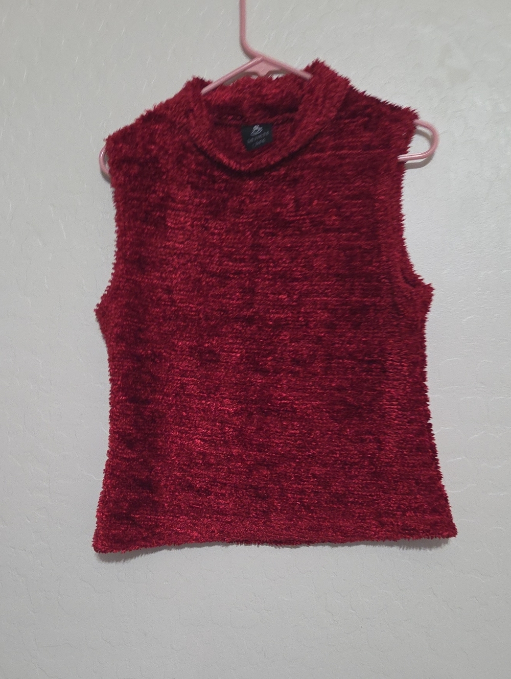 Anxiety Cafe Red Chenille Sleeveless Mock Neck Sweater Top Fuzzy Y2K